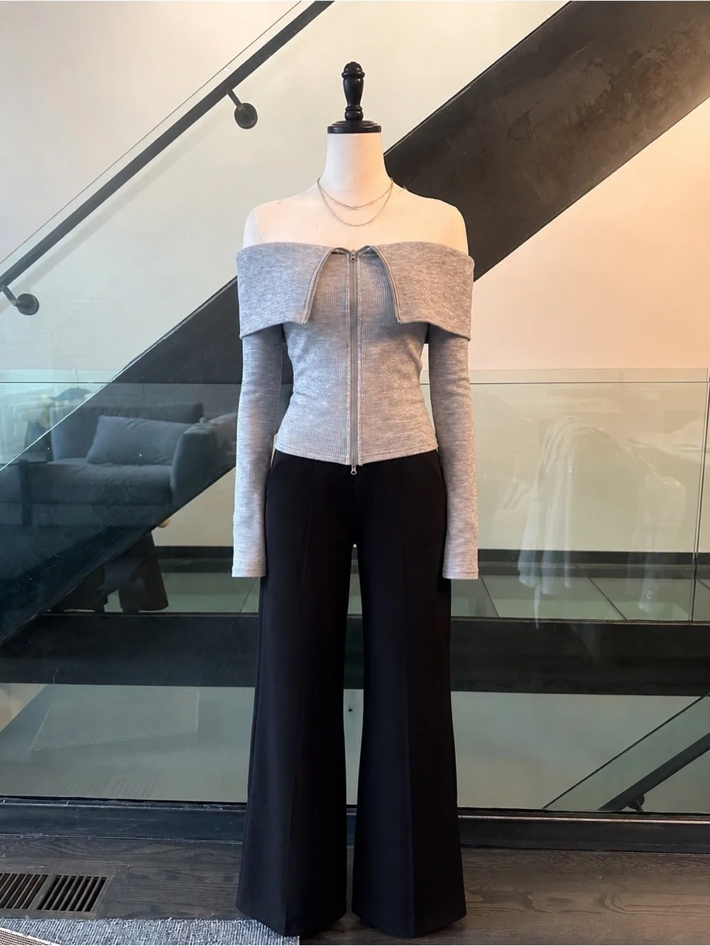 Noisy May Gray Off-Shoulder Zip Top